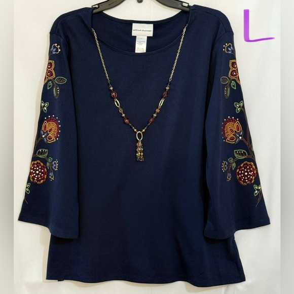 Alfred Dunner Navy Blouse with Floral Embroidery - Picture 1 of 2